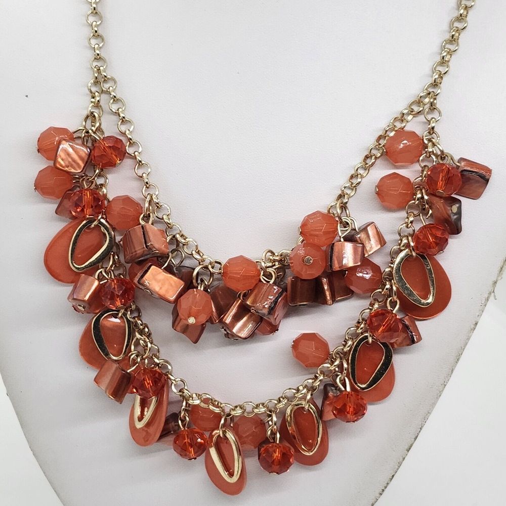 Orange Bead And Shell Double‎ Strand Bib Necklace